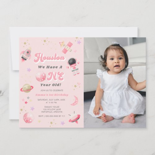 Retro Pink Houston We have One Year Old Birthday   Invitation