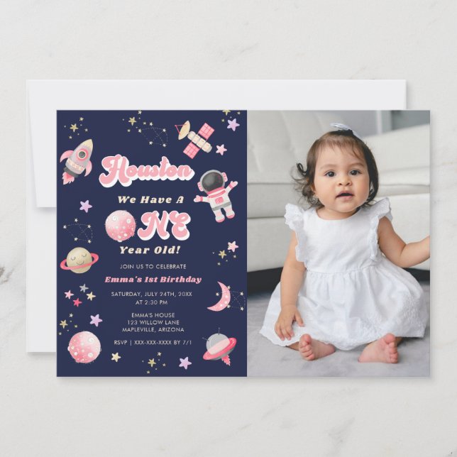 Retro Pink Houston We have One Year Old Birthday   Invitation (Front)