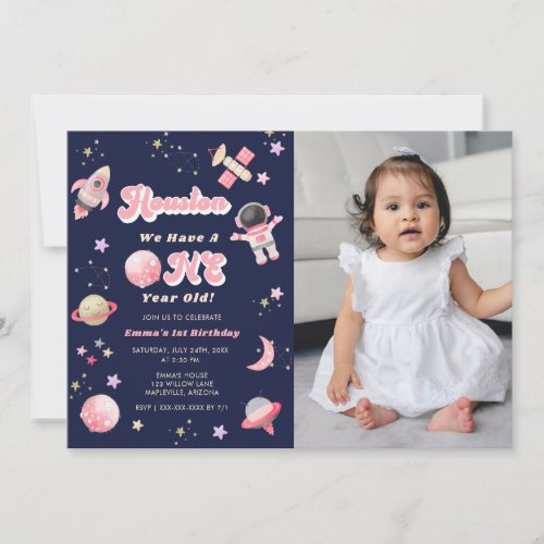 Retro Pink Houston We have One Year Old Birthday   Invitation