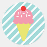 Retro Pink Ice Cream Cone With Blue Stripes Classic Round Sticker at Zazzle