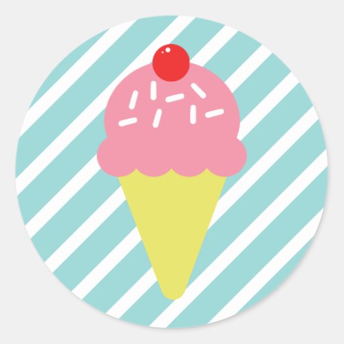 Retro Pink Ice Cream Cone with Blue Stripes Classic Round Sticker