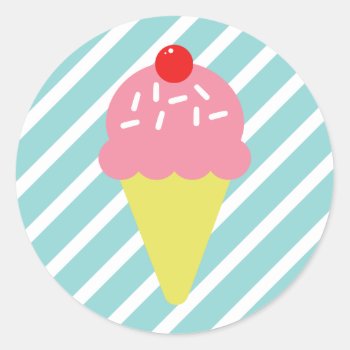 Retro Pink Ice Cream Cone With Blue Stripes Classic Round Sticker by retroflavor at Zazzle