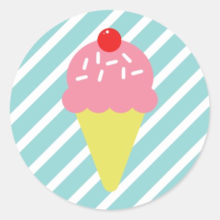 Retro Pink Ice Cream Cone With Blue Stripes Classic Round Sticker