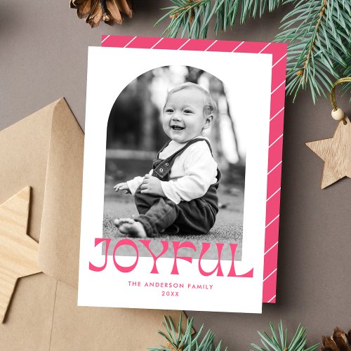 Retro Pink Joyful Arch Photo Holiday Card