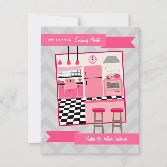 Retro Pink Kitchen Cooking Party Invite (Front)