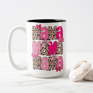 Retro Pink Leopard Mama Design with Coquette Bows Two-Tone Coffee Mug