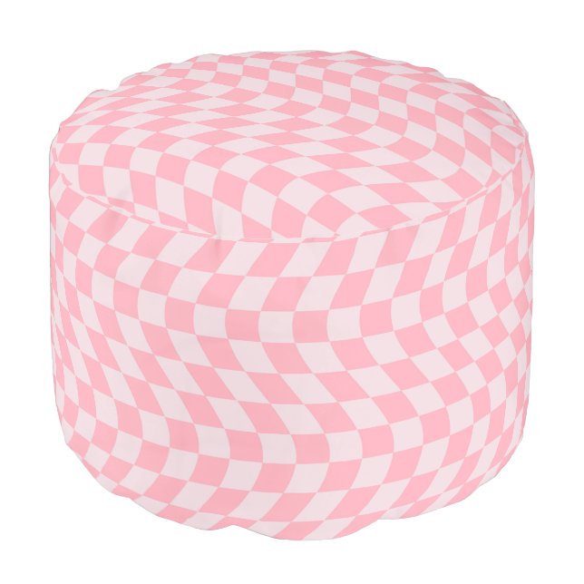 Retro Pink Lilac Groovy Warped Check Checkered Pouf (Angled Front)