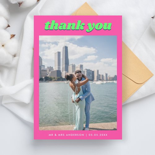 Retro Pink  Lime Minimalist Photo Groovy Wedding Thank You Card