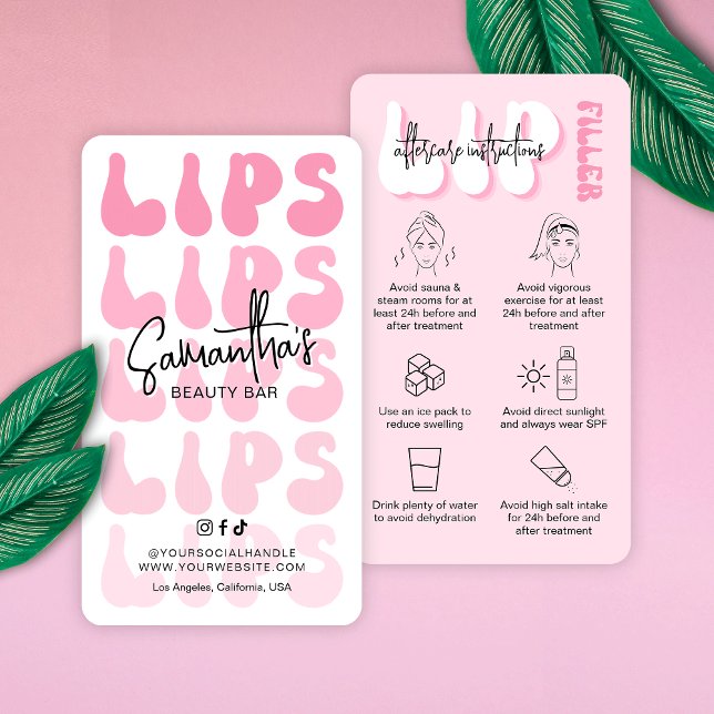 Retro Pink Logo Lip Filler Aftercare Instructions Business Card (Trendy lip filler aftercare cards featuring pink hues, retro fonts and lips care icons)
