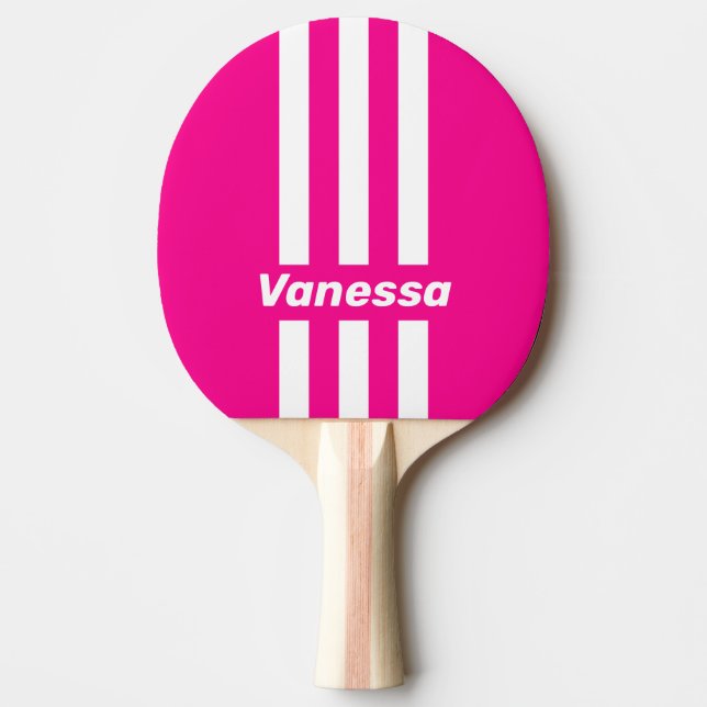 Retro Pink Lollipop Three Pin Stripes with Name Ping Pong Paddle (Front)