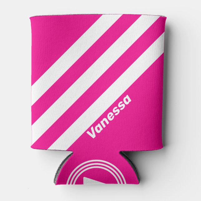 Retro Pink Lollipop Three Stripes with Name Can Cooler (Front)