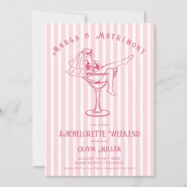 Retro pink Margs & Matrimony Bachelorette weekend Invitation (Front)