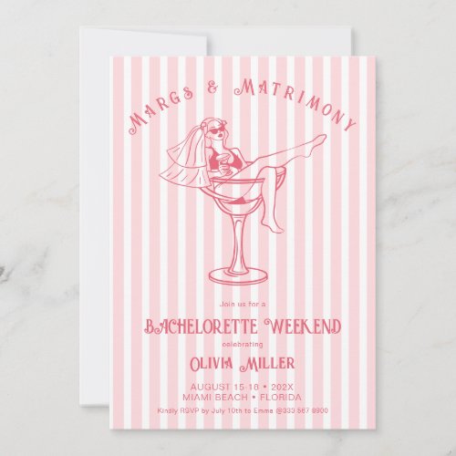 Retro pink Margs  Matrimony Bachelorette weekend Invitation