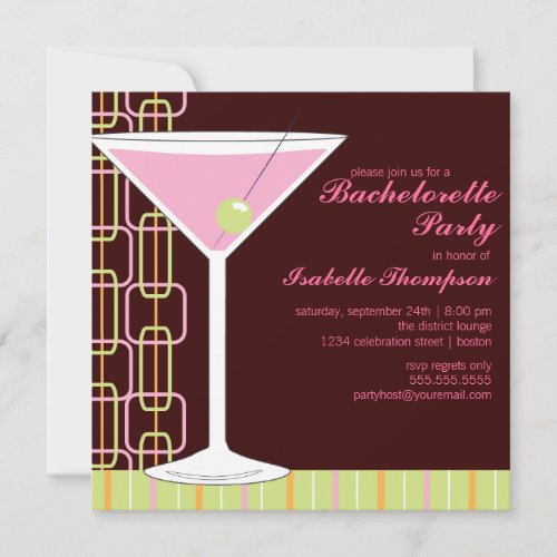 Retro Pink Martini Bachelorette Party Invitation