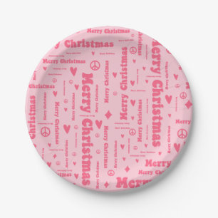 Retro Pink Merry Christmas Peace and Love Pattern Paper Plates