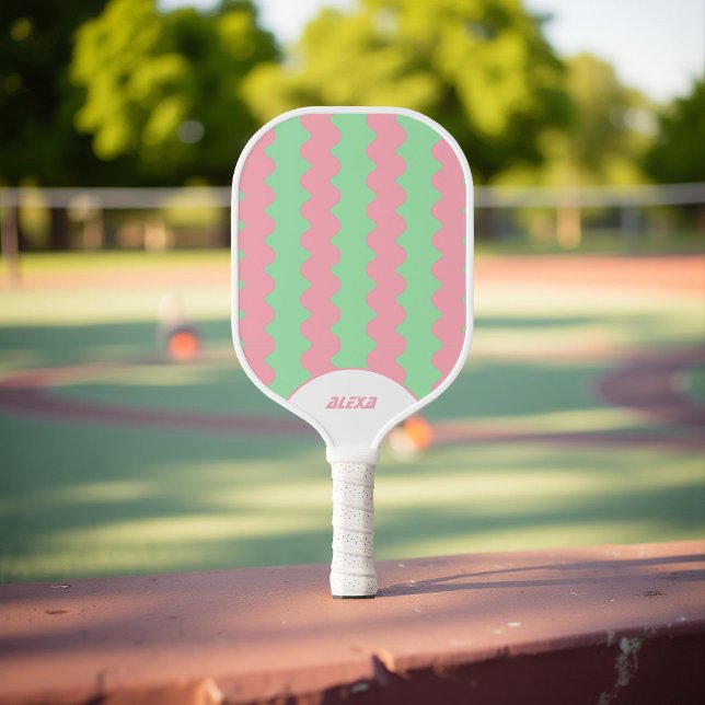 Retro Pink & Mint Green 70s/90s Stripes & Squiggle Pickleball Paddle (Creator Uploaded)