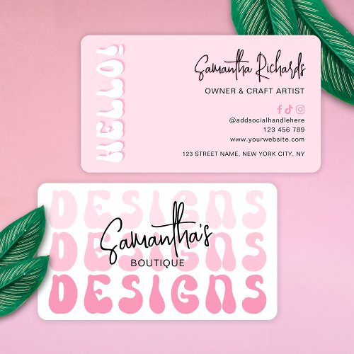 Retro Pink Modern Girly Logo Crafter Designer Business Card