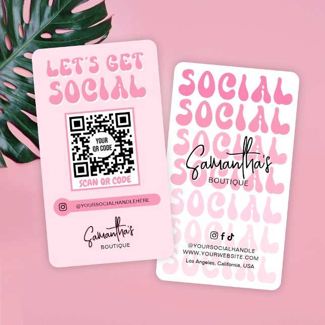 Retro Pink Modern Logo Social Media QR Code Business Card (Trendy blush pink QR code social media business cards with retro fonts and modern design)