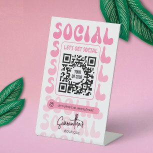Retro Pink Modern Logo Social Media QR Code Pedestal Sign