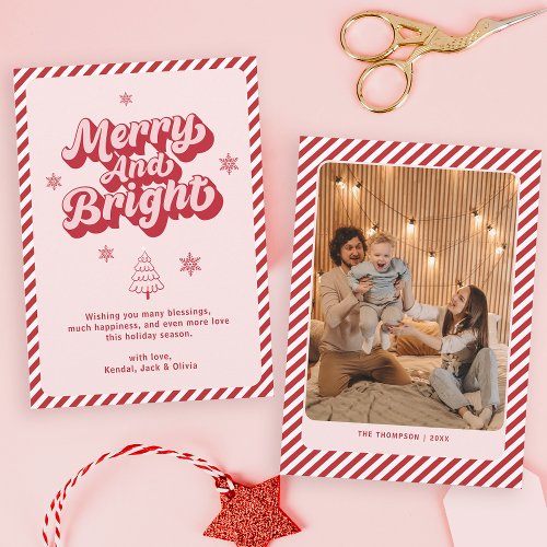 Retro Pink Modern Merry and Bright Christmas Holiday Card