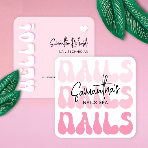 Customizable Retro Pink Modern Nail Artist Salon Manicure Square Business Card