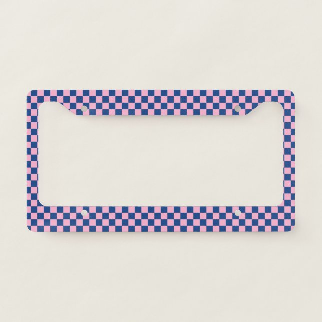 Retro Pink Navy Checkered Bright Colorful License Plate Frame (Front)