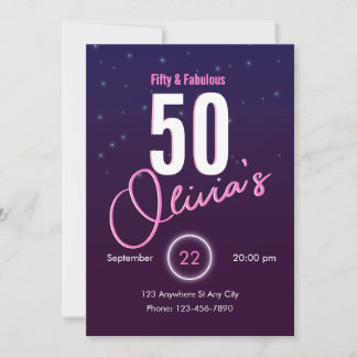 Retro Pink Neon Fifty & Fabulous Birthday Invitation