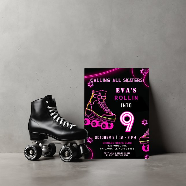 Retro Pink Neon Glow Roller Skate Birthday Invitation (Retro Pink Neon Glow Roller Skate Birthday Invitation)