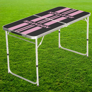 Retro Pink Night Dual RallyStripe Name Tailgate Beer Pong Table