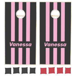 Retro Pink Night Three Pin Striped with Name Cornhole Set