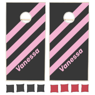 Retro Pink Night Three Stripes with Name Cornhole Set