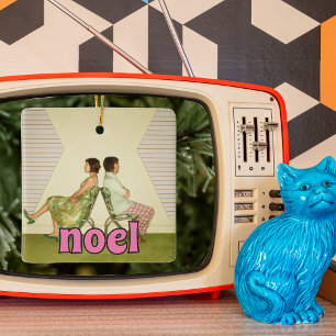 Retro Pink Noel Message Custom Photo Ceramic Ornament