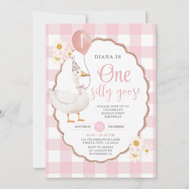 Retro Pink One Silly Goose 1st Birthday  Invitation (Front)