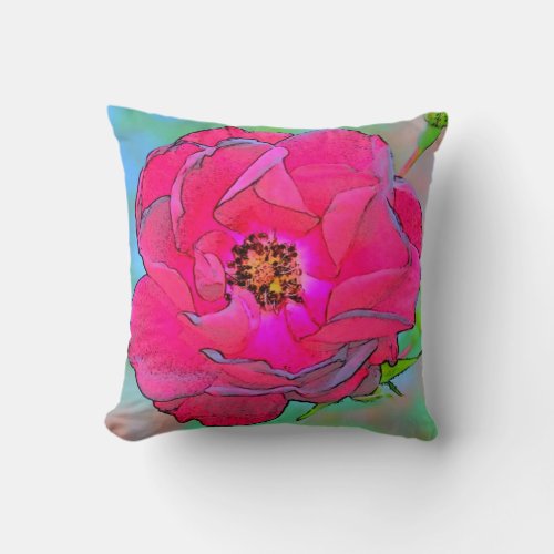 Retro Pink Open Rose Throw Pillow_Hot Pink Back Throw Pillow