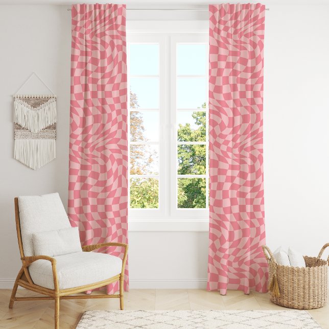 Retro Pink Optical Illusion Wavy Checkered Blackout Curtains (Creator Uploaded)