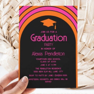 Retro Pink Orange Arch High School Graduation Cap Invitation