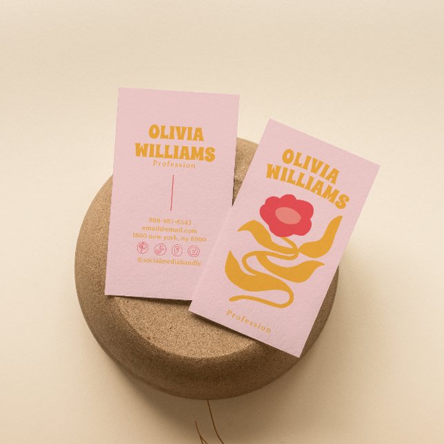 Retro Pink Orange Boho Groovy Floral Girly Trendy Business Card (Creator Uploaded)
