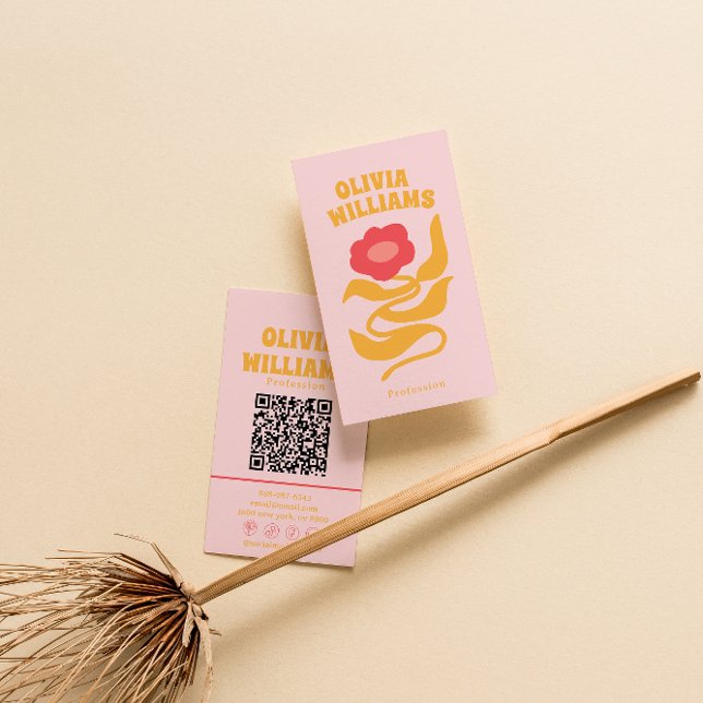 Retro Pink Orange Boho QR Code Groovy Floral Girly Business Card (Creator Uploaded)