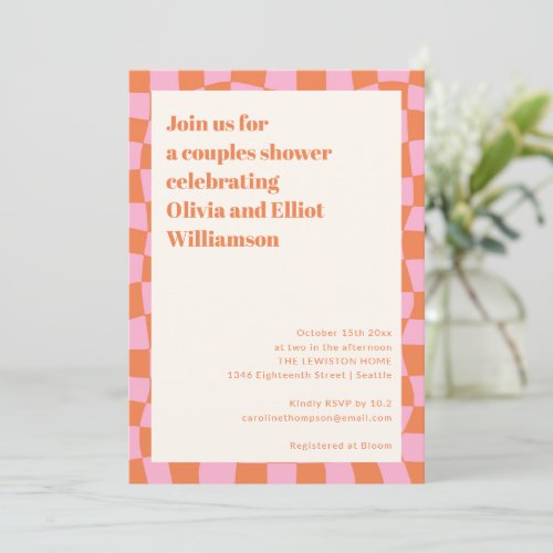 Retro Pink Orange Checkerboard Cute Couples Shower Invitation