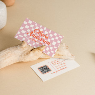 Retro Pink Orange Checkered Groovy Girly QR Code   Business Card