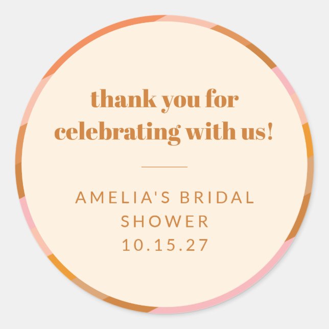 Retro Pink Orange Custom Bridal Shower Thank You Classic Round Sticker (Front)