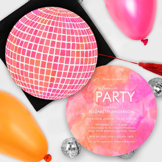Retro Pink Orange Disco Ball Graduation Party Invitation (Creator Uploaded)