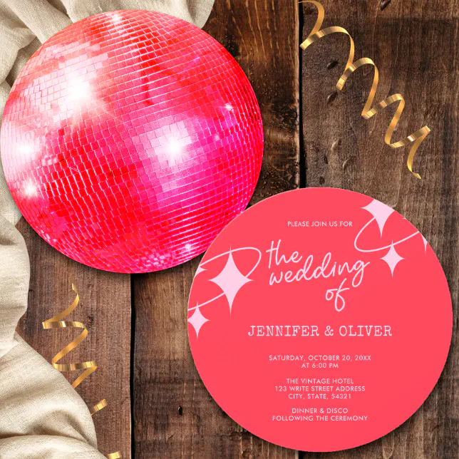 Retro Pink Orange Disco Ball Wedding Invitation Zazzle