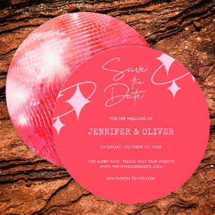 Retro Pink Orange Disco Ball Wedding Save the Date Invitation