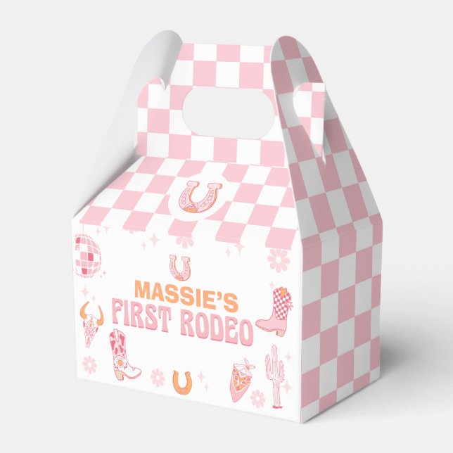 Retro Pink Orange First Rodeo 1st Birthday Favor Boxes (Front Side)