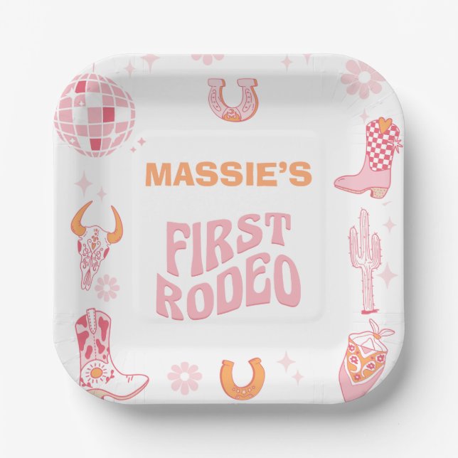 Retro Pink Orange First Rodeo 1st Birthday Paper Plates (Front)