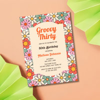 Retro Pink Orange Floral Groovy 30th Birthday