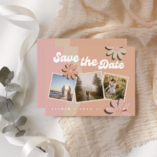Retro Pink Orange Floral Photo Save the Date Announcement