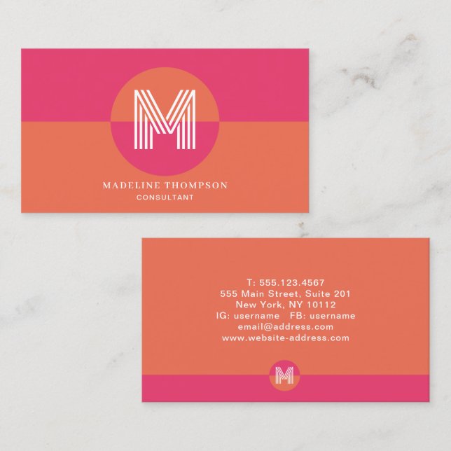 Retro Pink Orange Geometric Modern Monogram Business Card (Front/Back)