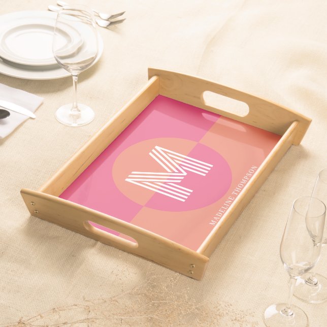 Retro Pink Orange Geometric Modern Monogram Serving Tray (Front)